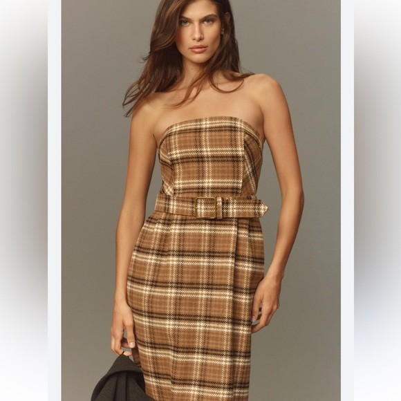 By Anthropologie Strapless Belted Midi Length Dress in Tan and Brown Plaid US6 - Picture 1 of 15